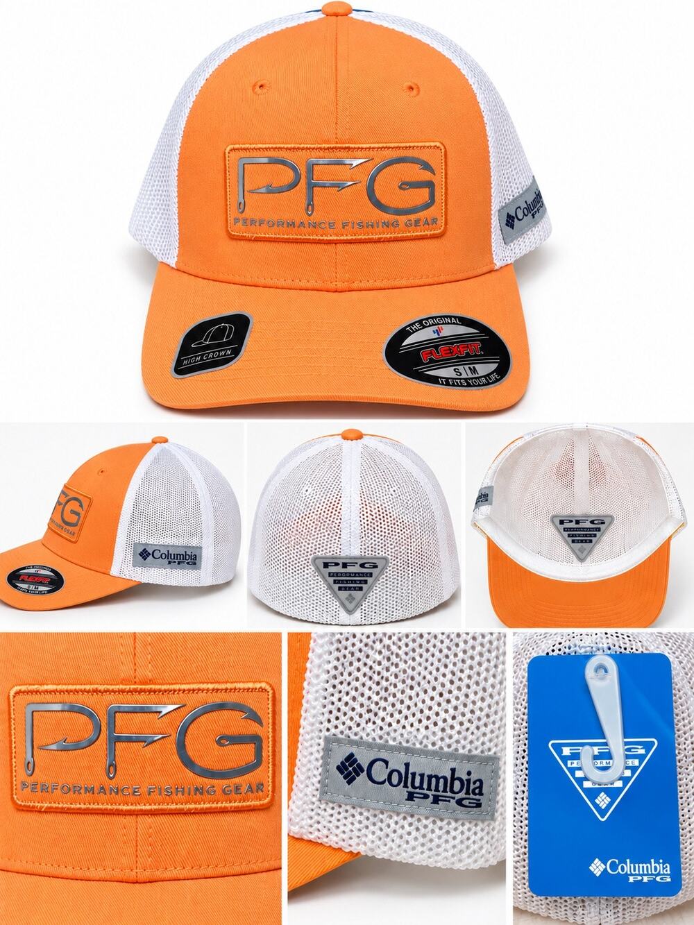 Columbia PFG Hooks Mesh Ball Cap High Crown Orange White Flexfit S/M NWT unisex